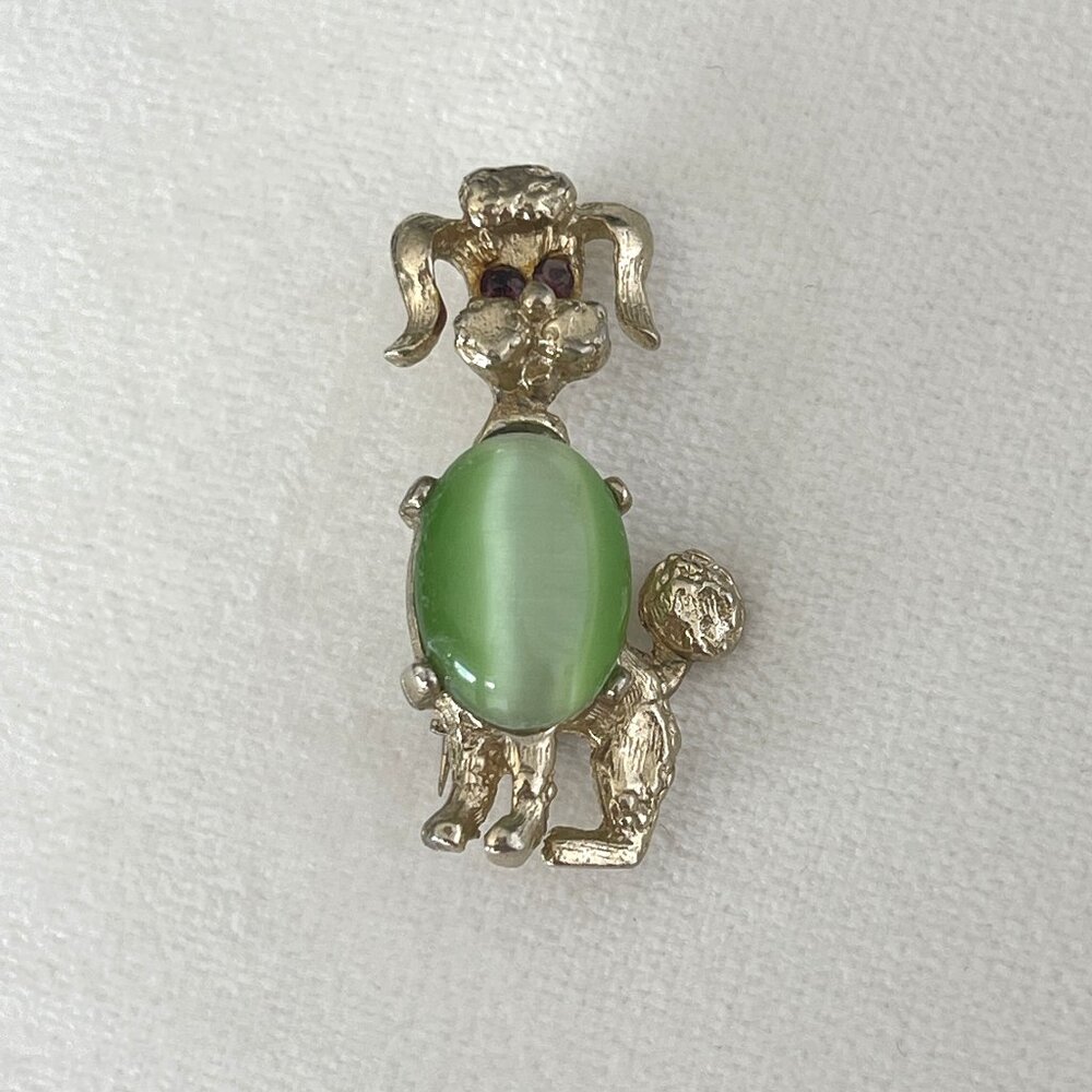 Vintage Jelly Belly Moonglow Poodle Dog Brooch Pin Cat's Eye Gold Figural Animal